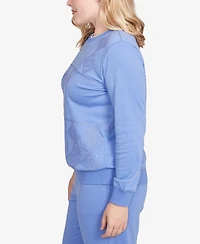 Alfred Dunner Petite Casual Vibe Embroidered Patchwork Long Sleeve Top