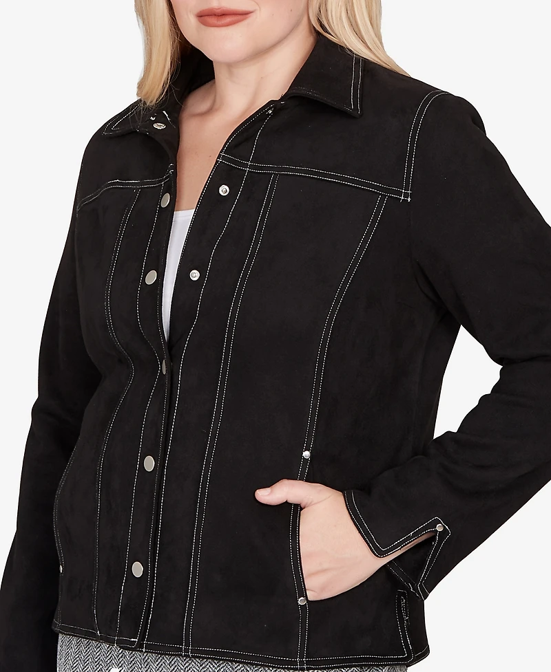 Alfred Dunner Petite Jet Setter Print Lining Faux Suede Jacket