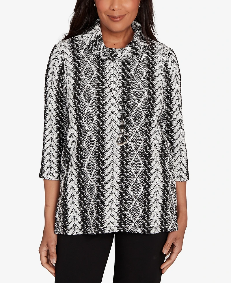 Alfred Dunner Petite Jet Setter Cable Jacquard Knit Top with Necklace