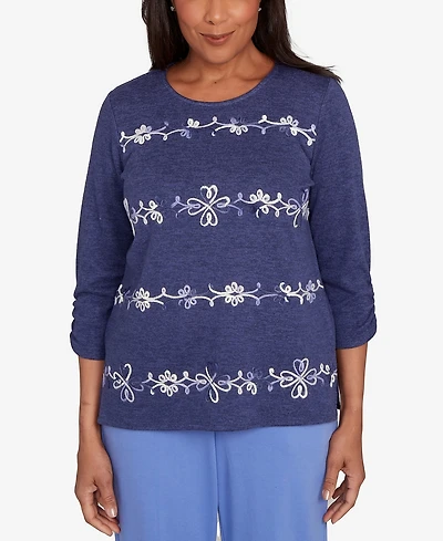 Alfred Dunner Petite Lake Champlain Embroidered Scroll Ruched Sleeve Top