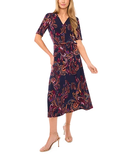 Msk Women's V-Neck Tie Waist Midi Dress