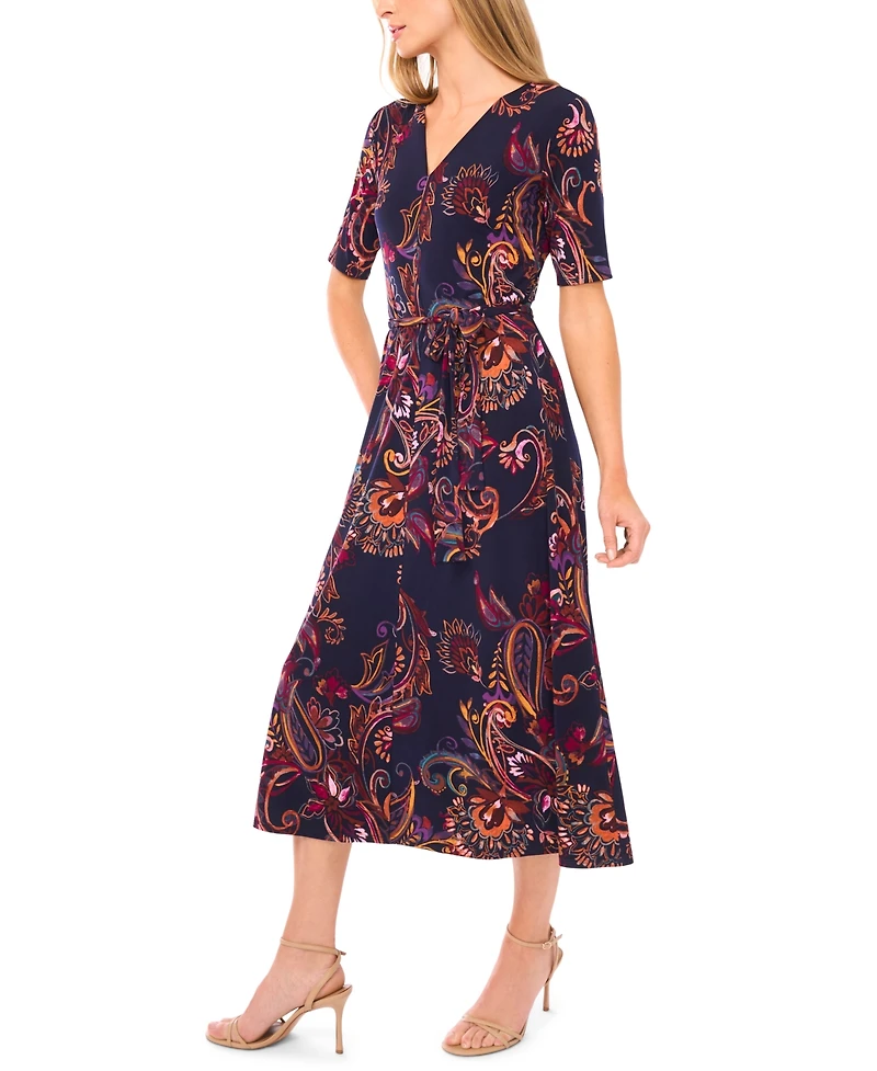 Msk Women's V-Neck Tie Waist Midi Dress