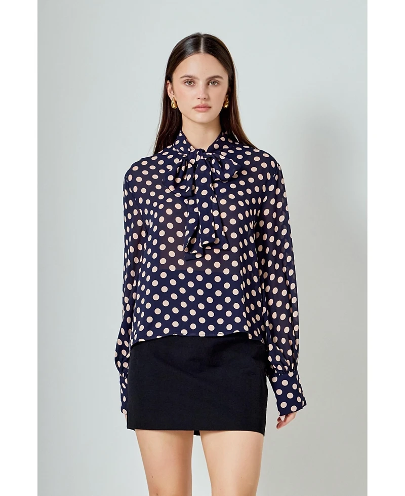 endless rose Women's Polka Dot Neck Bow Top