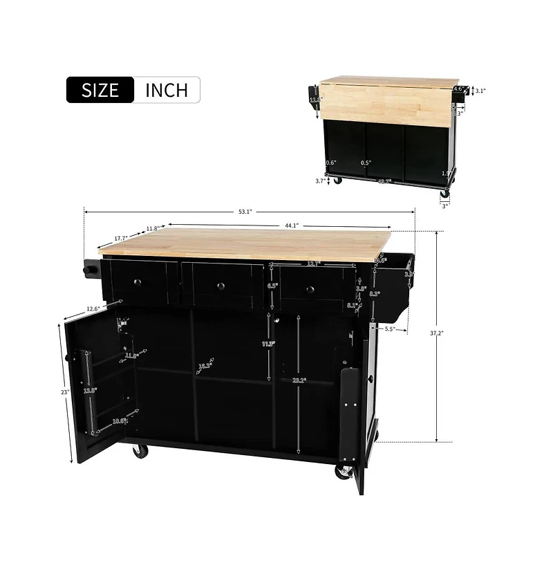 Maison Boucle Kitchen Island Cart with Drop Leaf, Rubber Wood Top, 3 Drawers & Internal Racks, Rolling Storage on Wheels-Maison