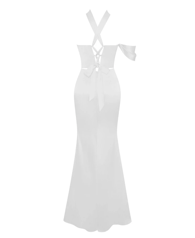 Miss Circle Women Ivona White Halter Neck Double Duchess Satin Gown