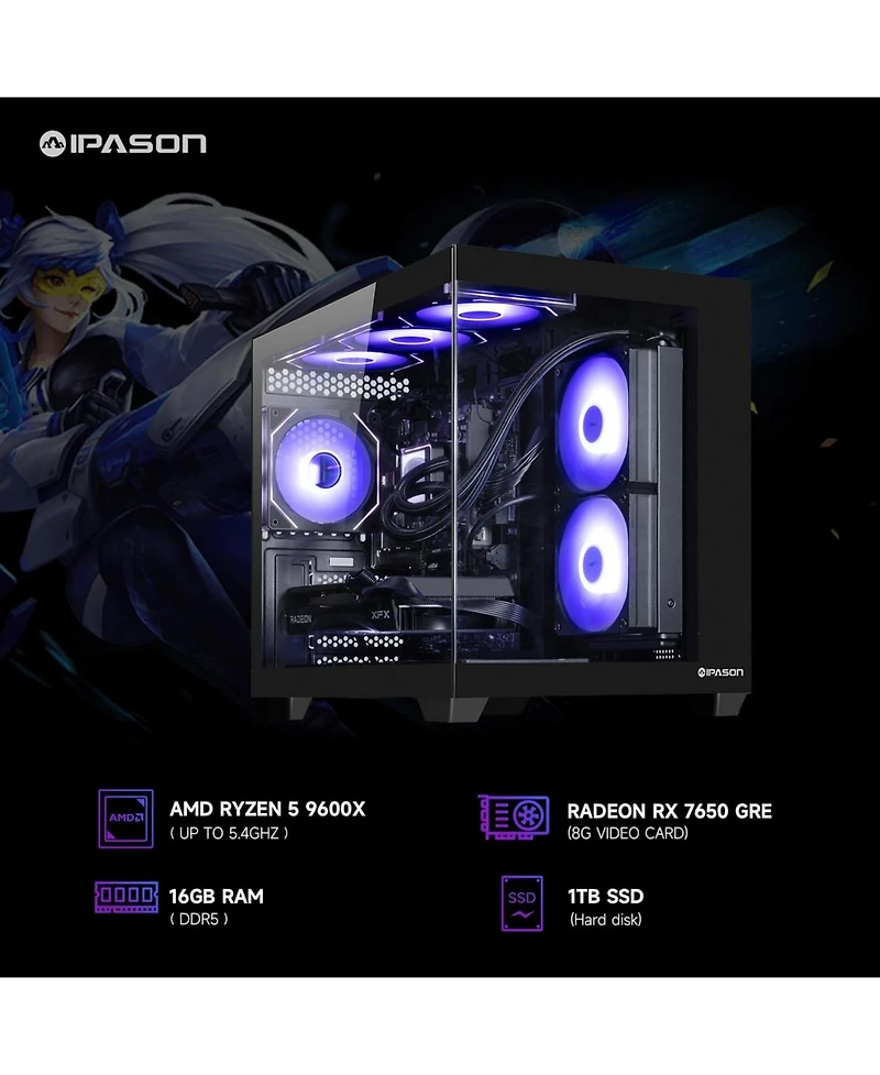 Ipason Prebuilt Gaming Pc - Radeon Rx 7650GRE 8G, Ryzen 5 9600X, 16GB DDR5, 1TB Ssd, Win 11 - Ready for 1080p Ultra Gaming (Liquid Cooled)