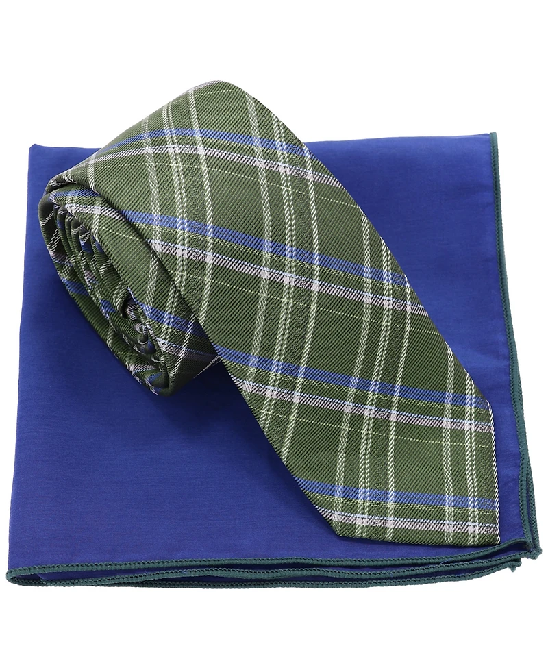 Ben Sherman Men's 2-Piece Plaid Tie and Solid Pocket Square Half Box Set
