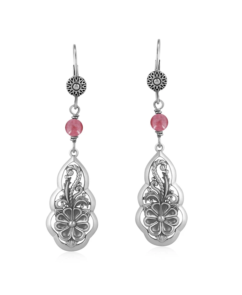 American West Jewelry Sterling Silver Rhodonite Flower Gemstone Bead Lever Back Earrings