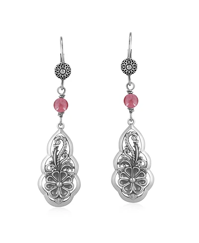 American West Jewelry Sterling Silver Rhodonite Flower Gemstone Bead Lever Back Earrings
