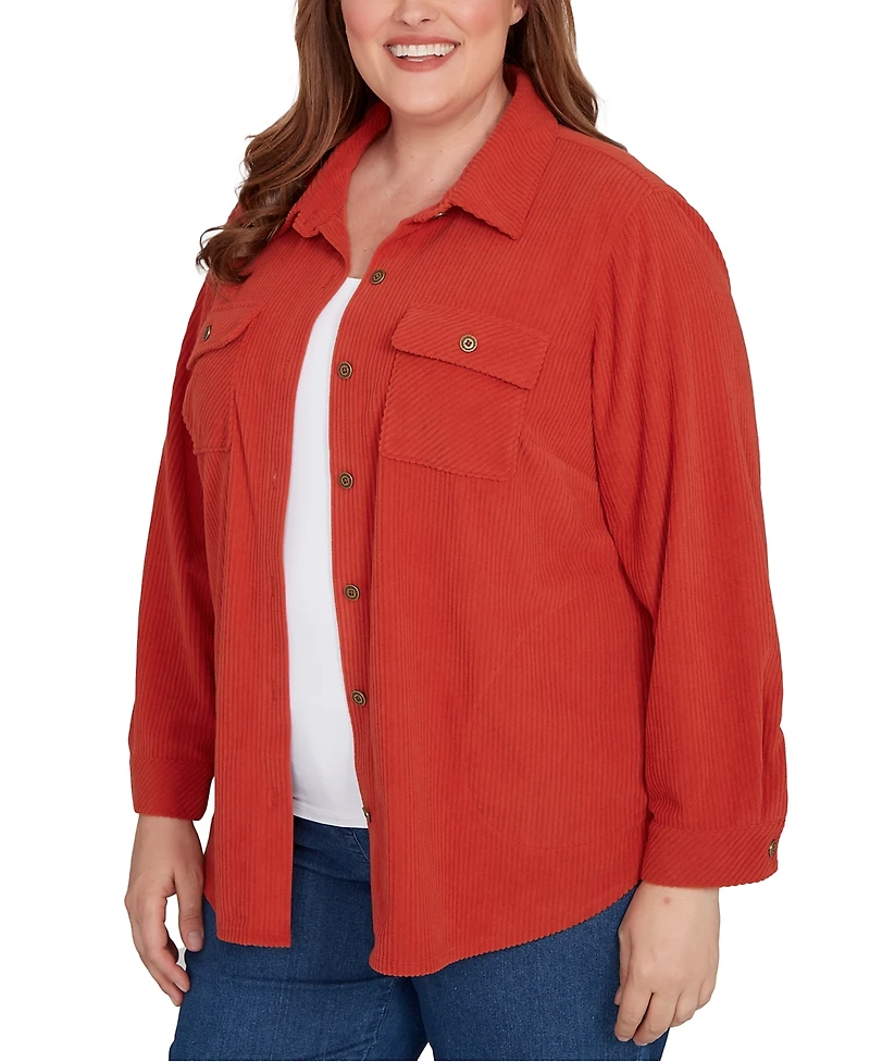 Alfred Dunner Plus Sunset Canyon Plush Ribbed Oversized Button Front Top