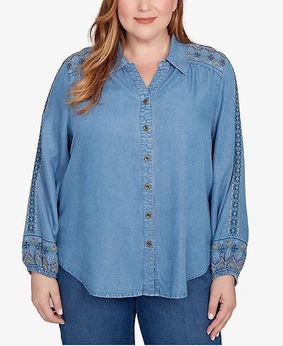 Alfred Dunner Plus Sunset Canyon Needlepoint Embroidered Button Front Top