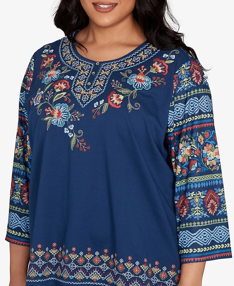 Alfred Dunner Plus Sunset Canyon Printed Sleeve Floral Embroidered Top