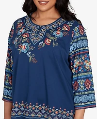Alfred Dunner Plus Sunset Canyon Printed Sleeve Floral Embroidered Top