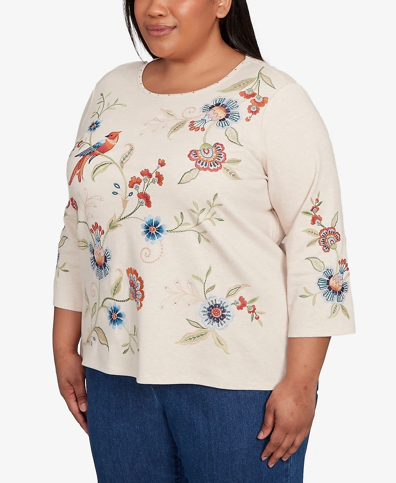 Alfred Dunner Plus Sunset Canyon Allover Floral Embroidered Crew Neck Top