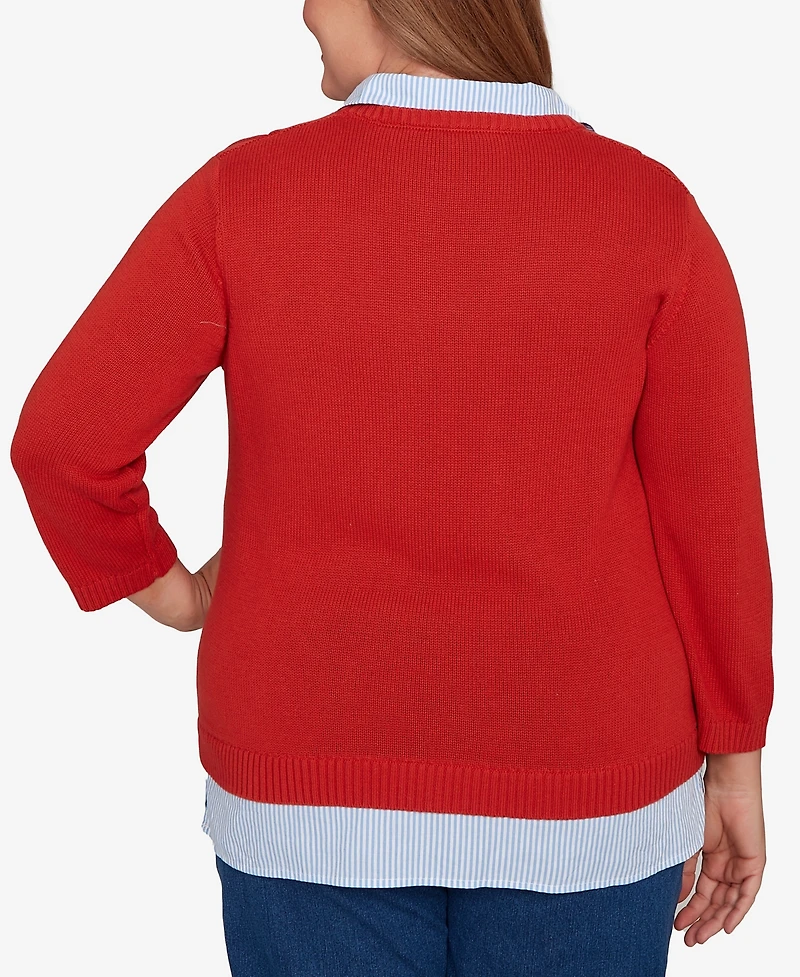 Alfred Dunner Plus Sunset Canyon Stitched Cable Stripe Woven Trim Sweater
