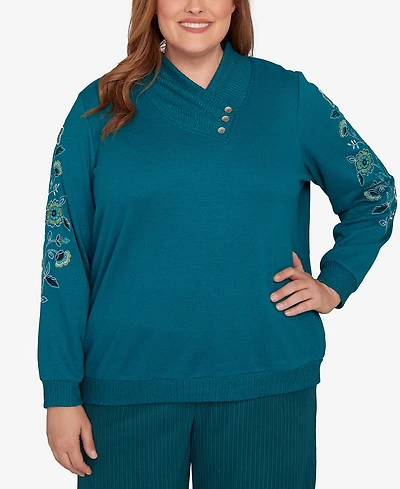 Alfred Dunner Plus Lake Champlain Embroidered Sleeve Button Detail Top