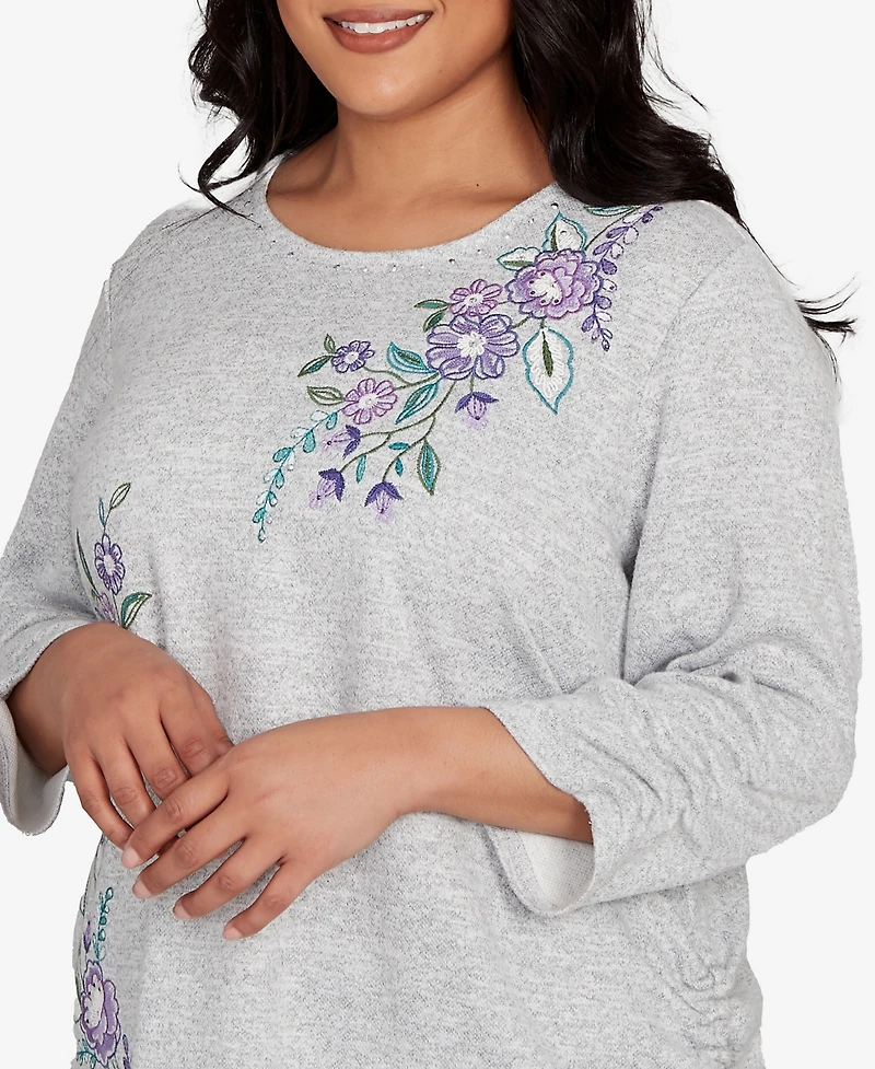 Alfred Dunner Plus Lake Champlain Embroidered Flowers Top with Side Tie Ruching