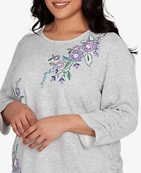 Alfred Dunner Plus Lake Champlain Embroidered Flowers Top with Side Tie Ruching