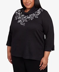 Alfred Dunner Plus Lake Champlain Leaf Embroidered Rib Neck Top