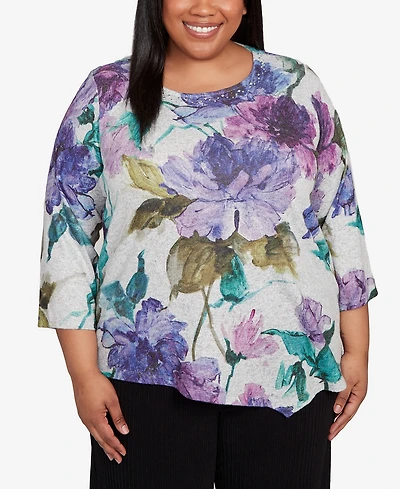 Alfred Dunner Plus Lake Champlain Asymmetrical Watercolor Flower Top