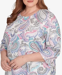 Alfred Dunner Plus Casual Vibe Pleated Paisley Crew Neck Top