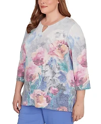 Alfred Dunner Plus Casual Vibe Floral Brushstroke Beaded Split Neck Top