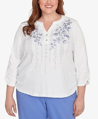 Alfred Dunner Plus Casual Vibe Geometric Floral Ruched Henley Top