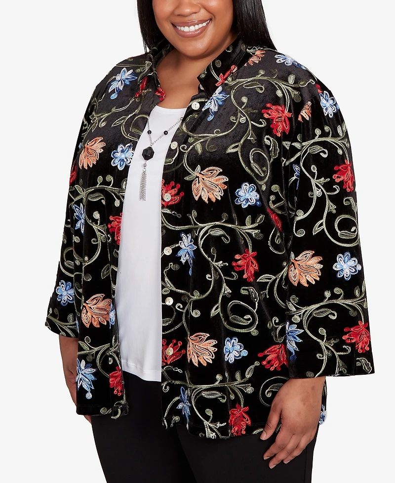 Alfred Dunner Plus Jet Setter Rich Velvet Floral Two One Top with Necklace