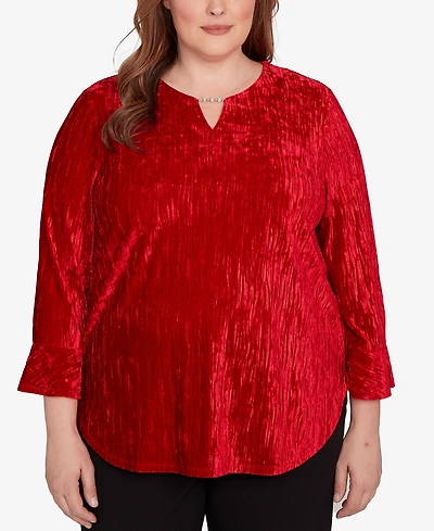 Alfred Dunner Plus Jet Setter Crushed Velvet Henley Tie Sleeve Top