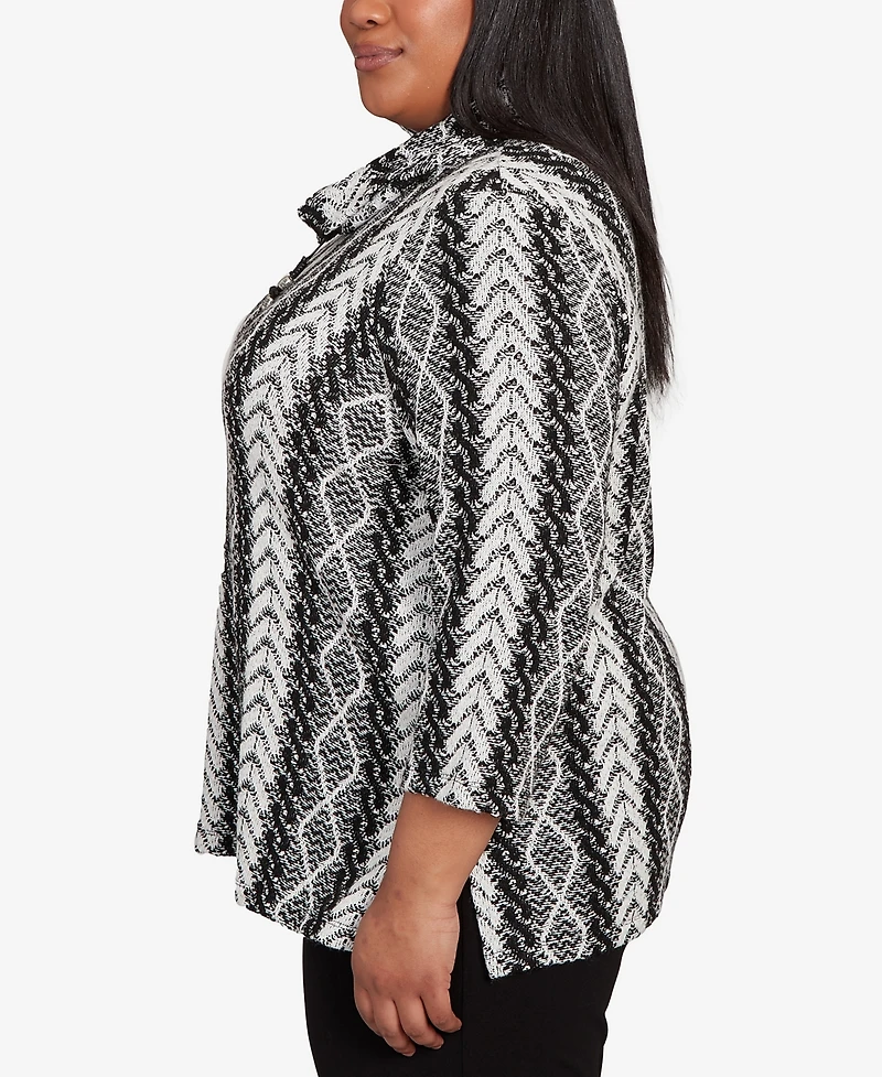 Alfred Dunner Plus Jet Setter Cable Jacquard Knit Top with Necklace