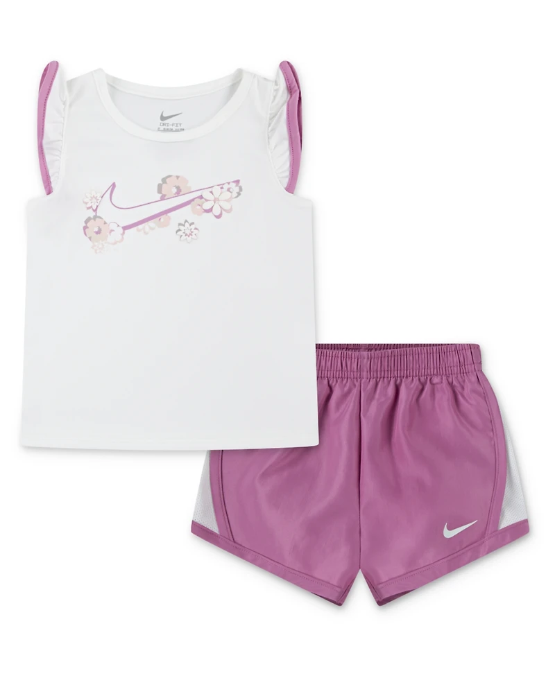 Nike Toddler & Little Girls 2-Piece Ruffled-Sleeve Logo Graphic T-Shirt and Shorts Set