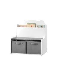 Jujabu Kids White and Gray Wooden Bookshelf with Book Display Shelf and 2 Fabric Bins, Cute Bear-Shaped Backboard