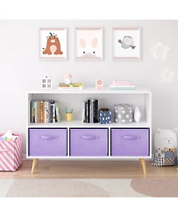 Jujabu 35 in. Wide White/Purple Kids Bookcase with Collapsible Fabric Drawers, Children's Book Display, Toy Storage Cabinet