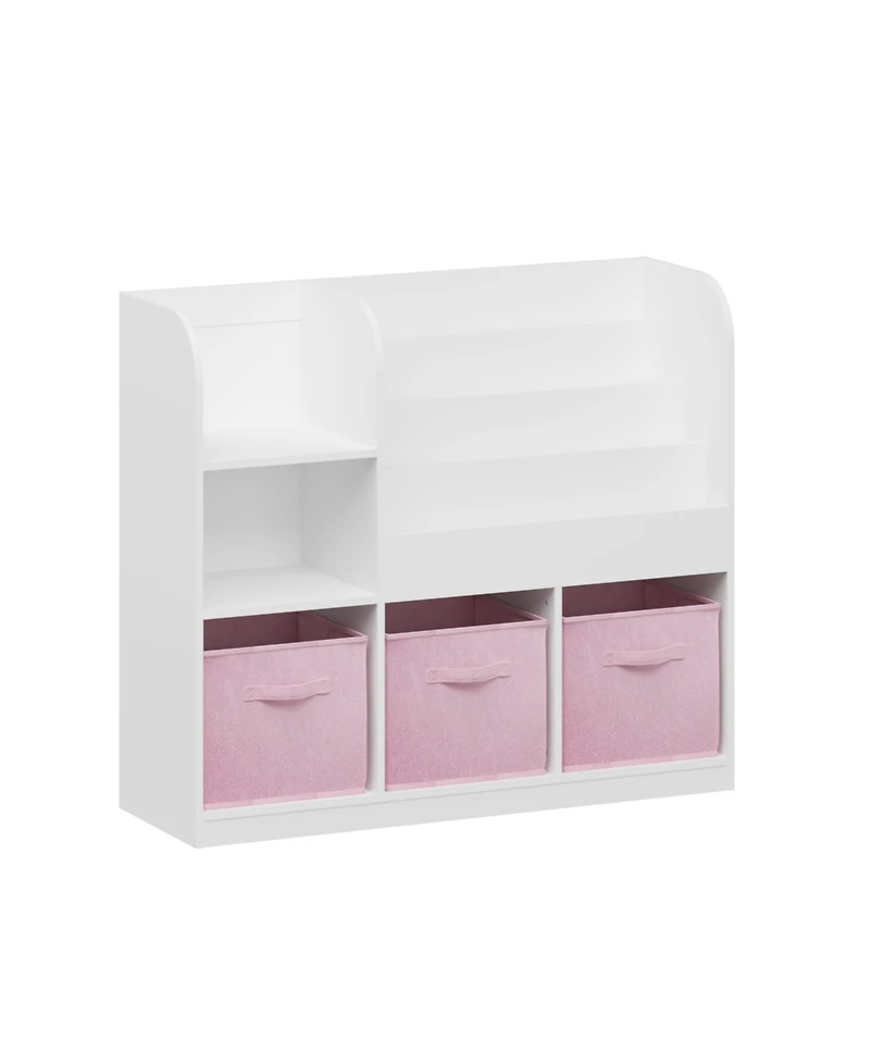 36 in. Wide White/Pink Multifunctional Kids Bookcase and Bookshelf with 3 Collapsible Fabric Drawers Bookcase Display Stand