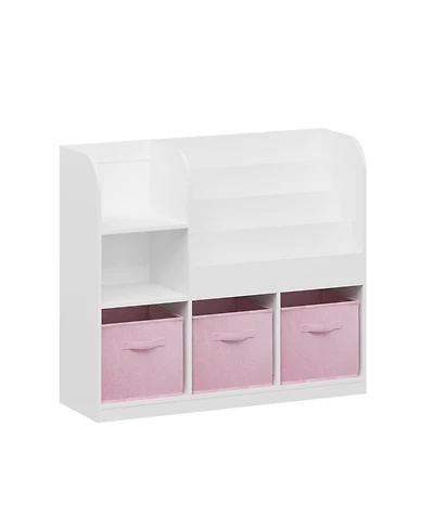 36 in. Wide White/Pink Multifunctional Kids Bookcase and Bookshelf with 3 Collapsible Fabric Drawers Bookcase Display Stand