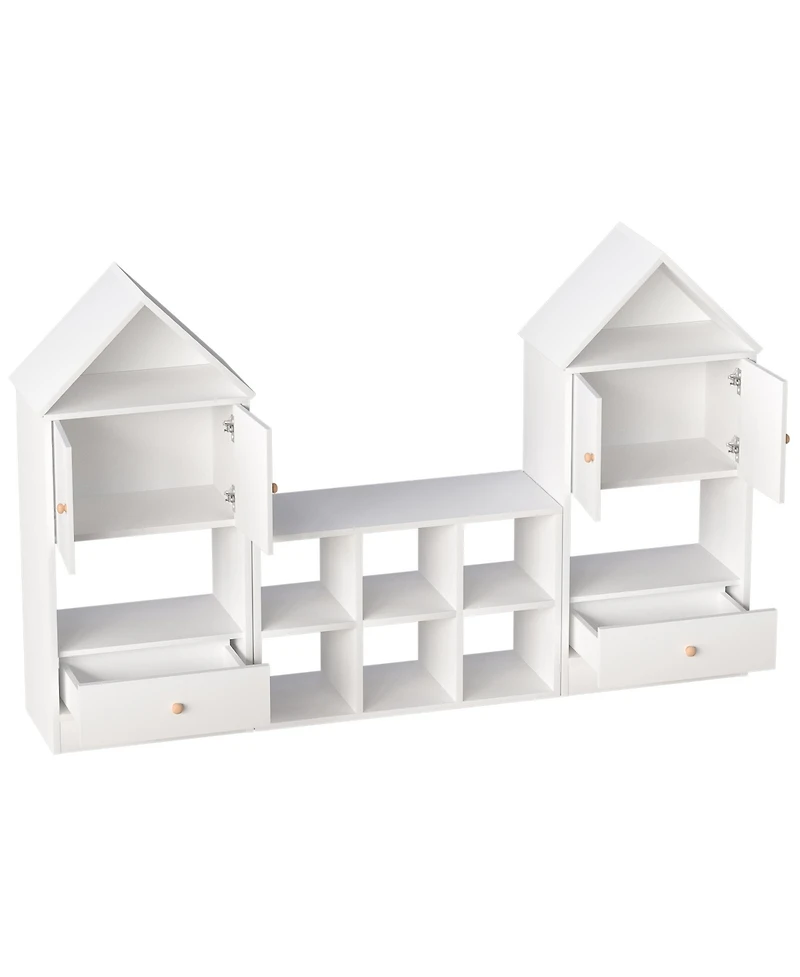 Jujabu White Wood Children's Bookshelf with House-Shaped Design with Adjustable Placement for Playroom or Bedroom