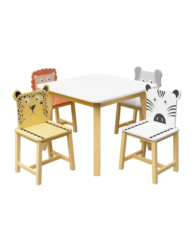 Jujabu 5 Piece Wood Kiddy Table and Chair Set with 4 Chairs Set Cartoon Animals
