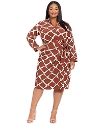 London Times Plus Size Long Sleeve Wrap Midi Dress
