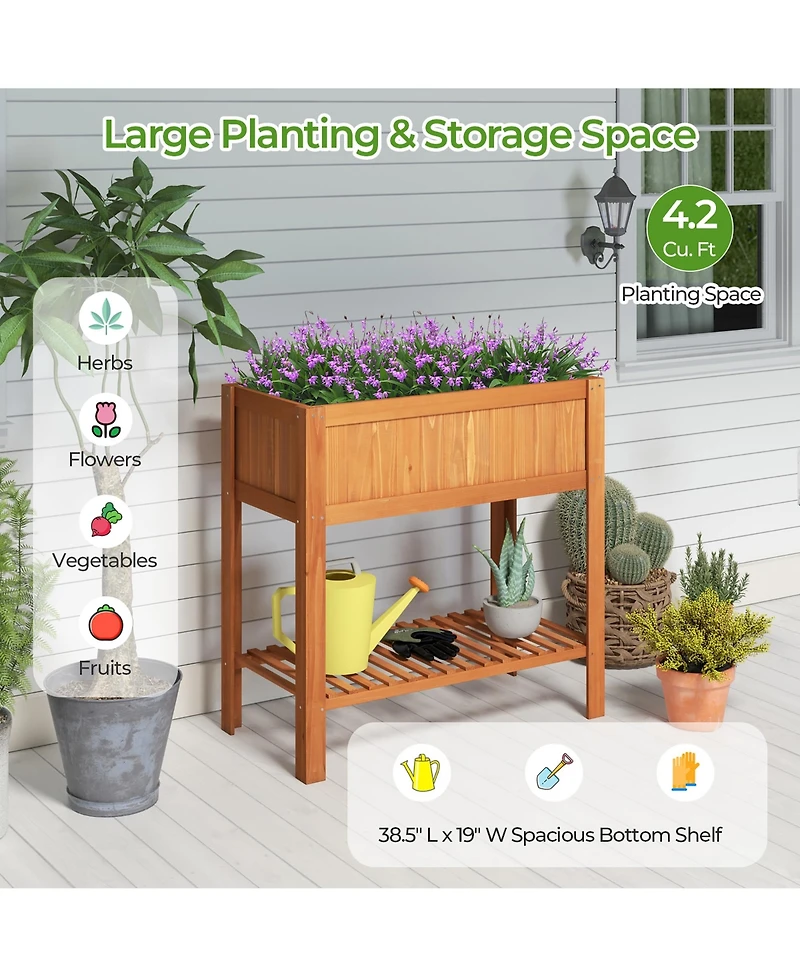 Gymax Raised Garden Bed 39'' L x 19.5'' W x 39'' H Fir Wood Planter Box w/ Bottom Storage Shelf