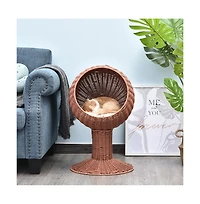 Zeus & Ruta Rattan Egg Chair Cat Bed with Cushion in Brown