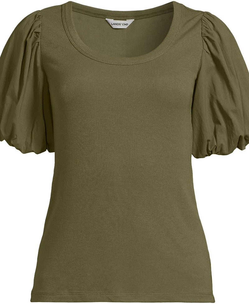 Lands' End Women's Plus Drapey Rib Puff Sleeve Scoop Neck Top