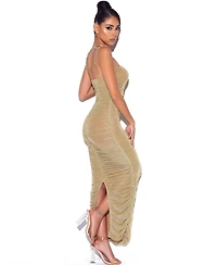 Miss Circle Women The Glint Gold Ruched Chiffon Long Maxi Dress