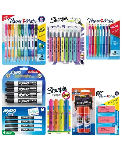 Back to School Writing & Highlighting Set – Elmer s Glue, Paper Mate Pens, Pencils & Erasers, Sharpie Highlighters, Expo Markers (40+ pcs)