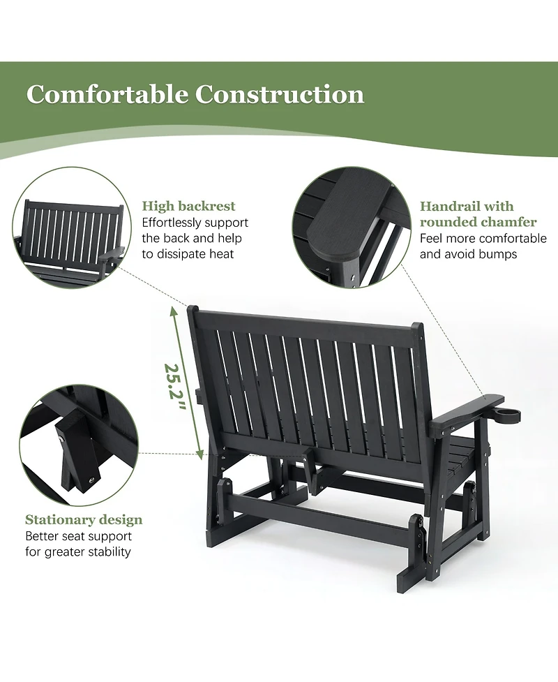 2-Seat Patio Glider Hips Rocking Chair with Removable cup holder，All-Weather Resistant Bench with Back & Hips Comfortable Support，Heavy