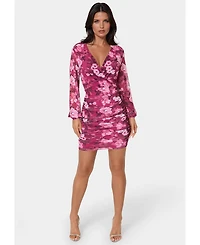 Bebe Women's Long Sleeve Faux Wrap Ruched Mini Dress