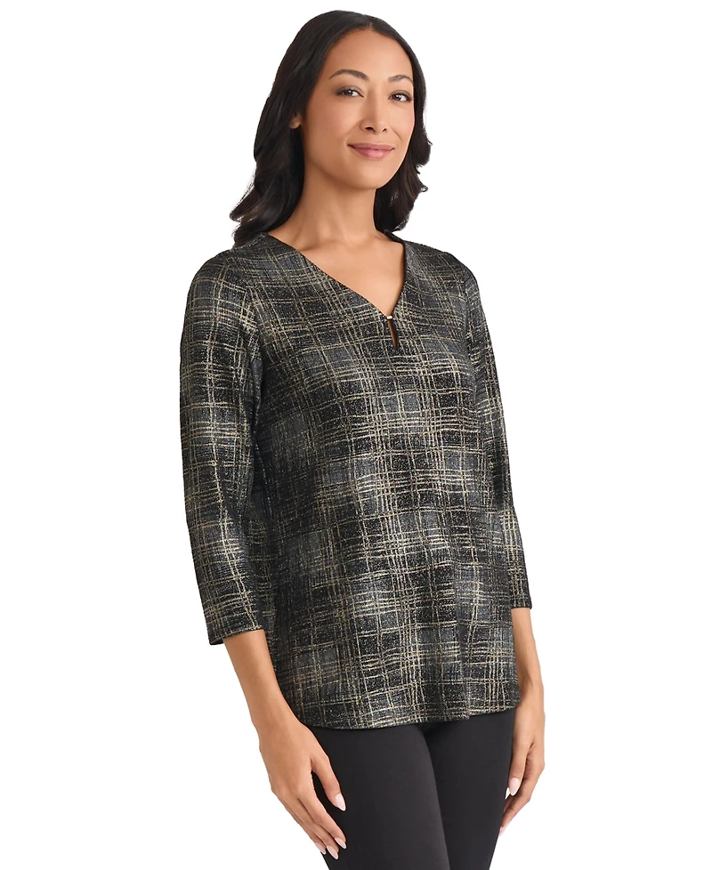 Jones New York Women's Two Tone Foil V-Neck Top