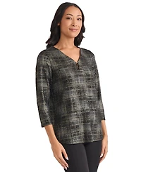 Jones New York Women's Two Tone Foil V-Neck Top