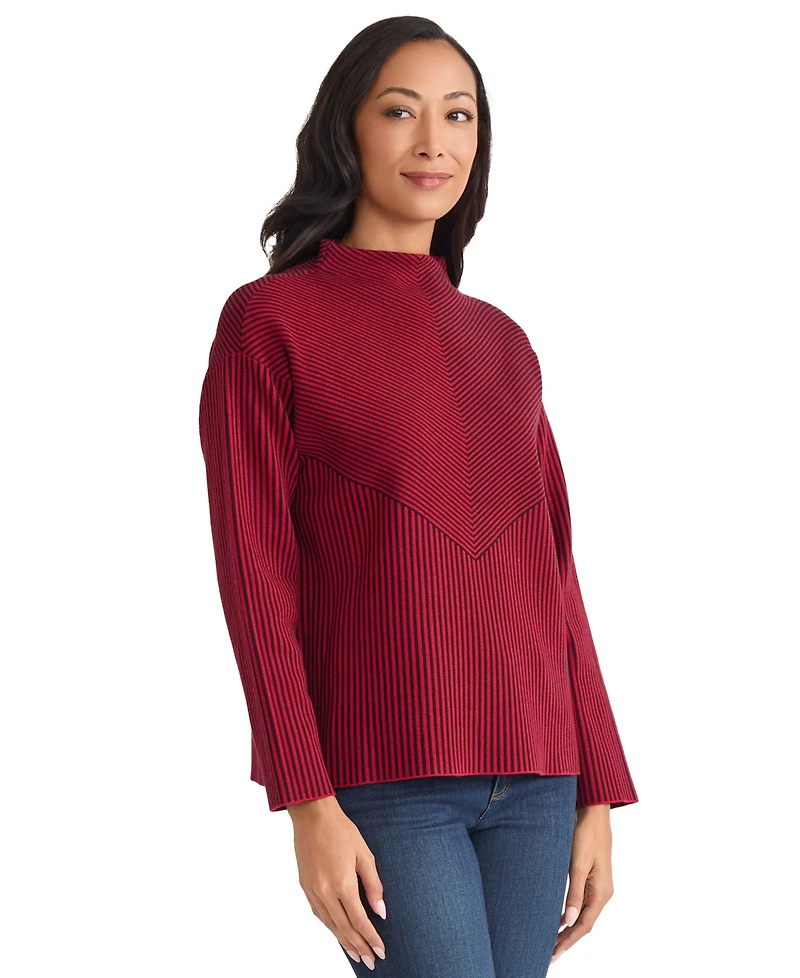 Jones New York Women's Striped Funnel Mock Neck Sweater