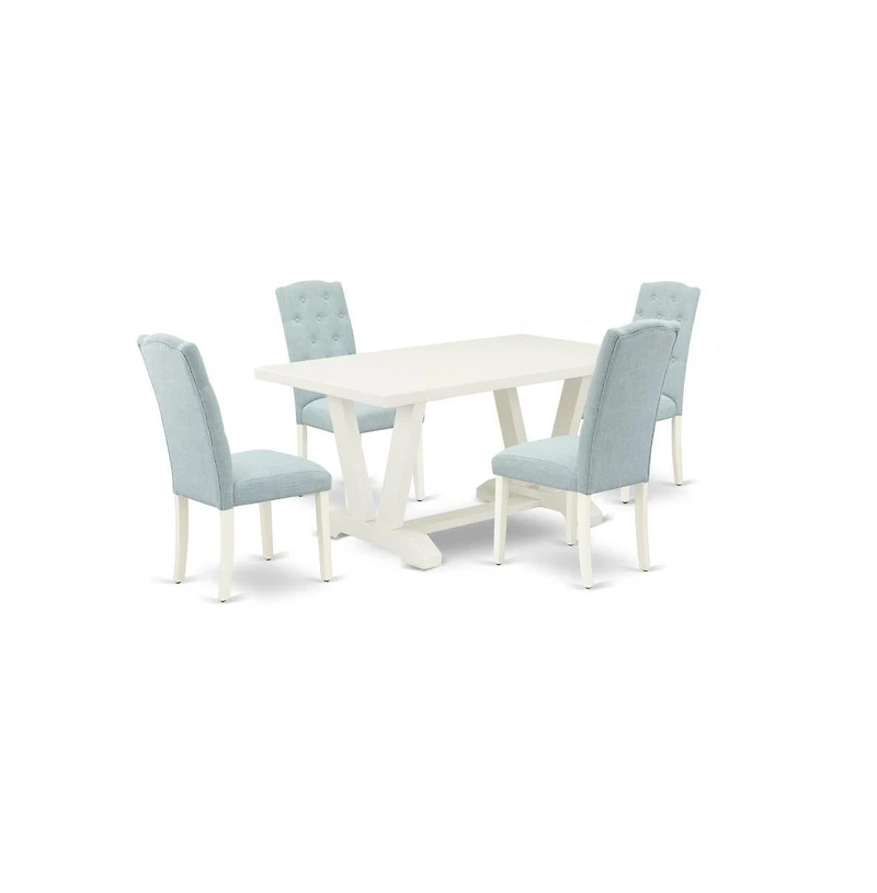 East West Furniture 5-Pc Dining Room Table Set- 4 Parson Chairs with Baby Blue Linen Fabric Seat and Button Tufted Chair Back