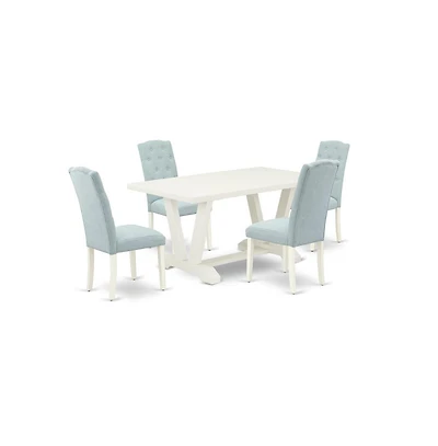 East West Furniture 5-Pc Dining Room Table Set- 4 Parson Chairs with Baby Blue Linen Fabric Seat and Button Tufted Chair Back